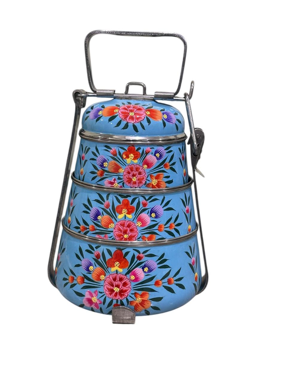 Hand painted lunch box ,Enamel ware lunch box, hand painted tiffin box, pot belly lunch box, handpainted lunch box, Enamel ware tiffin box